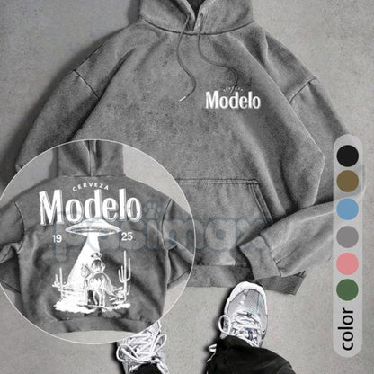 UFO Cowboy Showdown Hoodie – Men's Retro Washed Streetwear, Unique Graphic Pullover