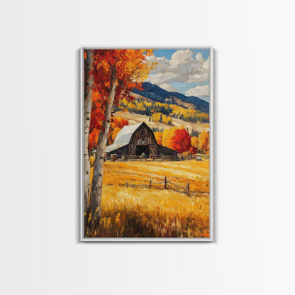 Countryside Barn in Autumn Framed Canvas Print, Bright Fall Landscape Birch Trees, Rustic Wall Art Country Home or Farmhouse Autumn Decor