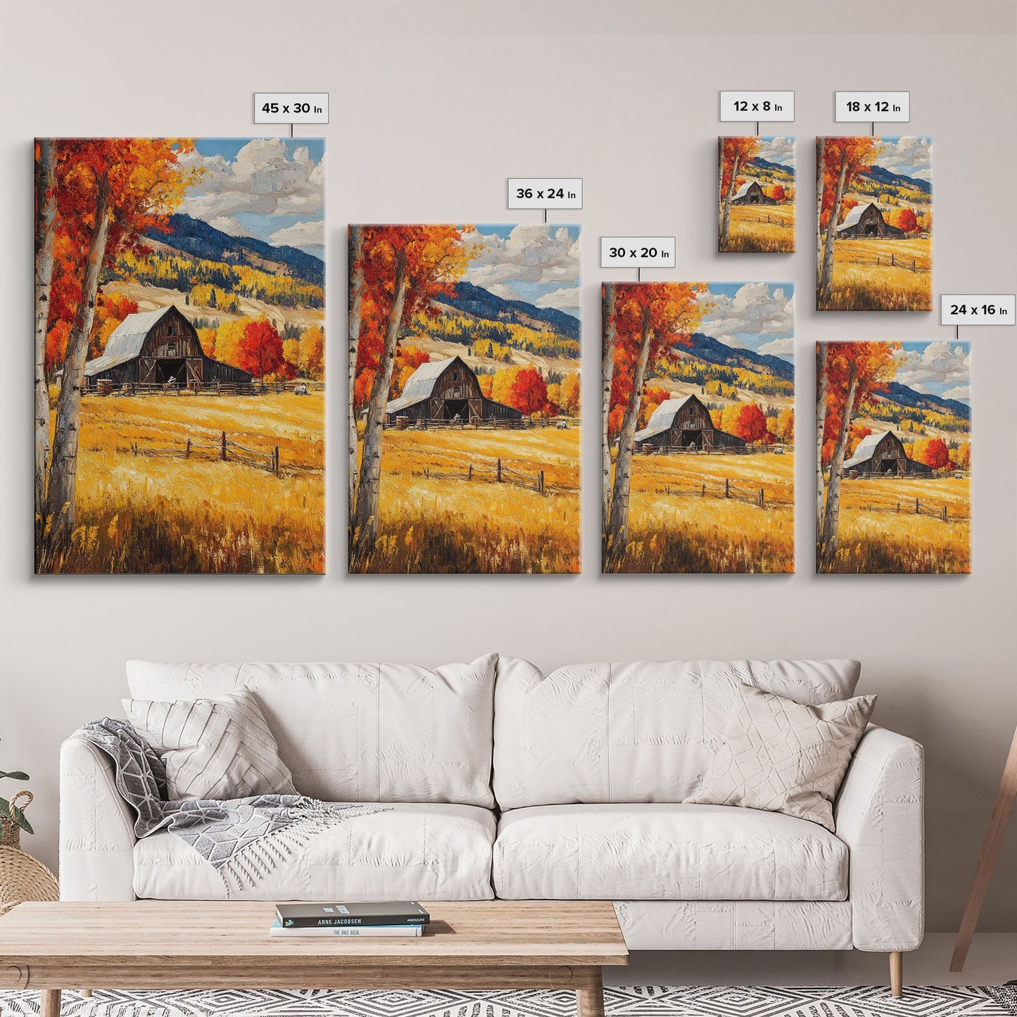 Countryside Barn in Autumn Framed Canvas Print, Bright Fall Landscape Birch Trees, Rustic Wall Art Country Home or Farmhouse Autumn Decor