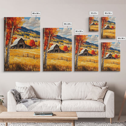 Countryside Barn in Autumn Framed Canvas Print, Bright Fall Landscape Birch Trees, Rustic Wall Art Country Home or Farmhouse Autumn Decor