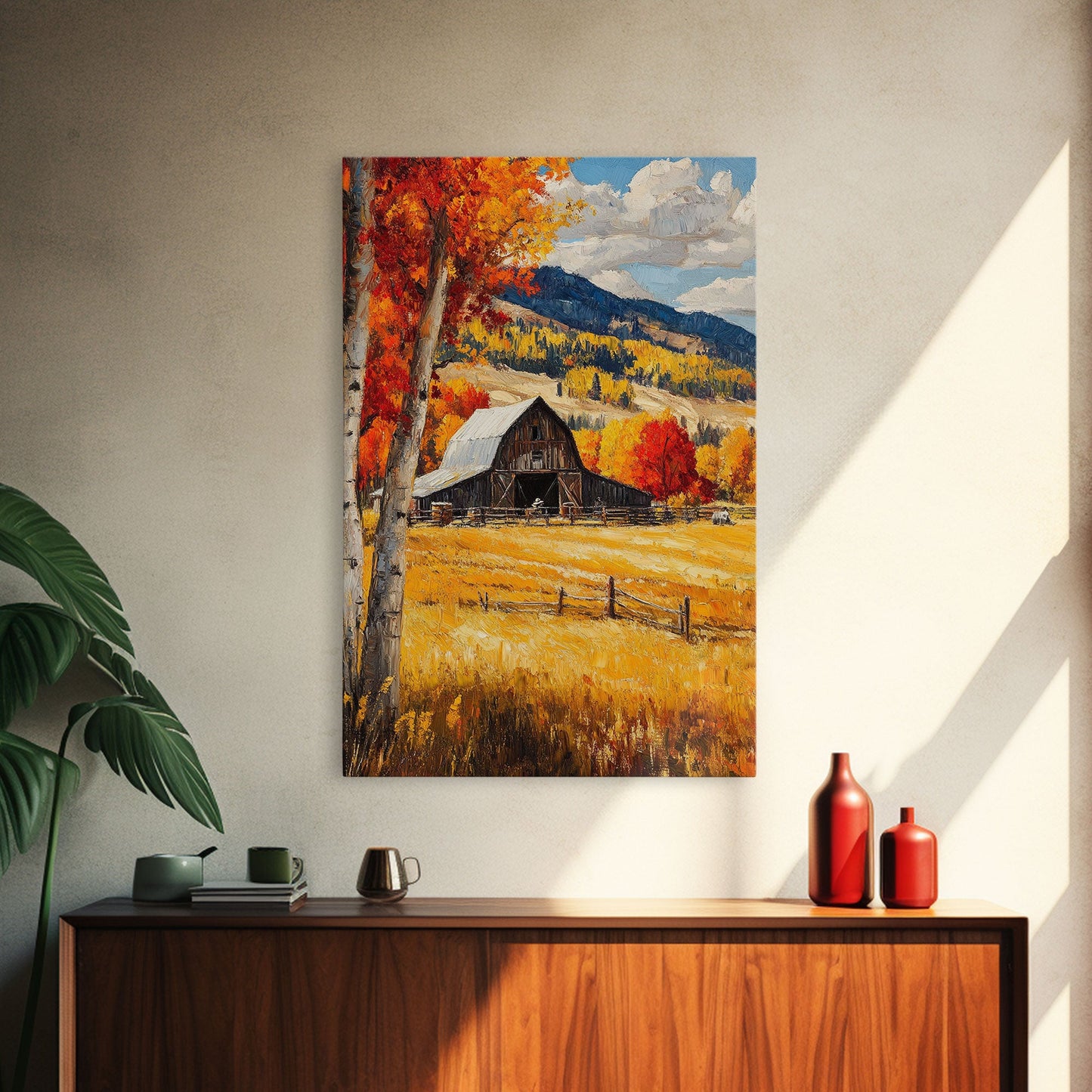 Countryside Barn in Autumn Framed Canvas Print, Bright Fall Landscape Birch Trees, Rustic Wall Art Country Home or Farmhouse Autumn Decor