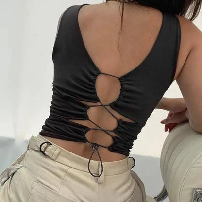 Trendy fashion styles cute summer Hollow Out Lace Up Patchwork Tank Crop Top flattering tops Summer Clothes